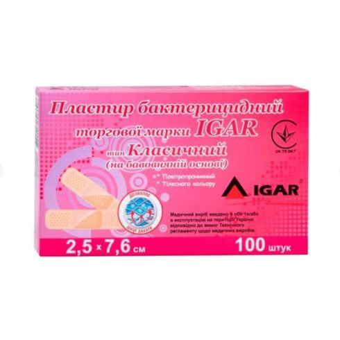 Пластир бактерицидний "IGAR" Класичний (на бавовняній основі) 2,5 х 7,6 см